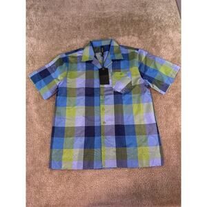 True Rock Men's Short Sleeve Plaid Button Down Shirt Blue Green Size Large E012